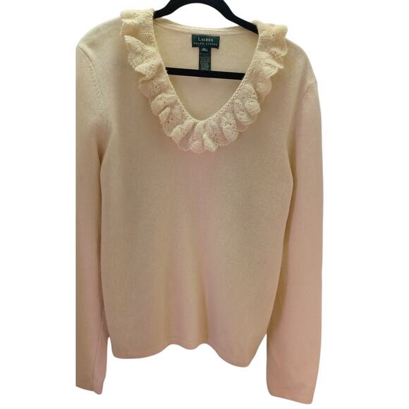 Lauren Ralph Lauren Lace Ruffle Trim Neck Cream Sweater Merino Wool Cashmere XL - Picture 4 of 8